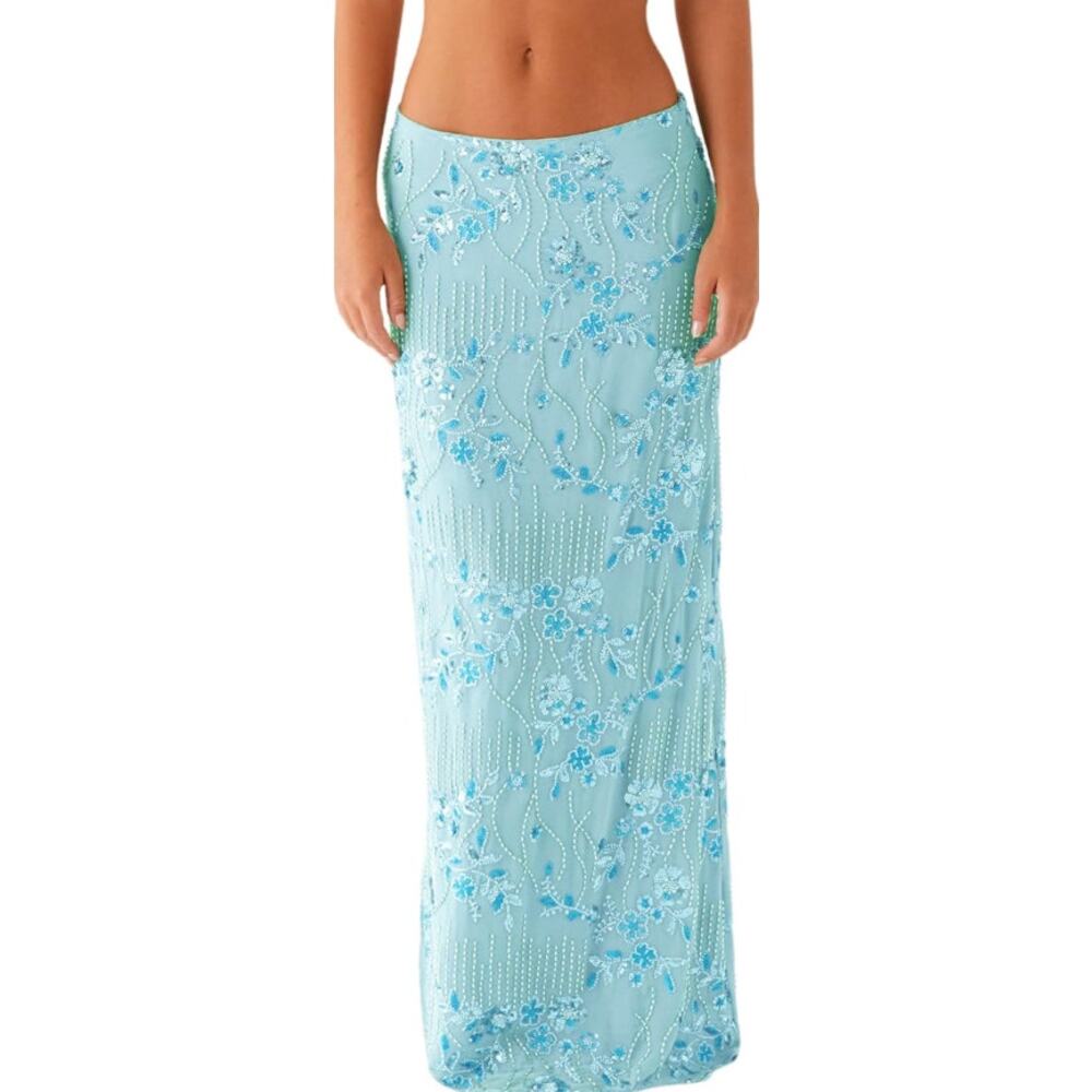 Blue Allover Beaded Sequin Maxi Skirt Resort Vacation Glam Women's size Medium